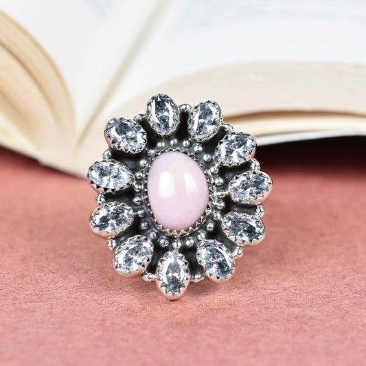 Native American Pink Opal And Cubic Zirconia Cluster Rings - 925 Sterling Silver Boho Rings