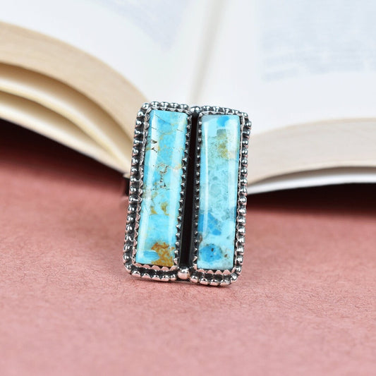 Vintage Two Stone Rectangle Turquoise Southwestern Style Ring - 925 Sterling Silver Native American Rings