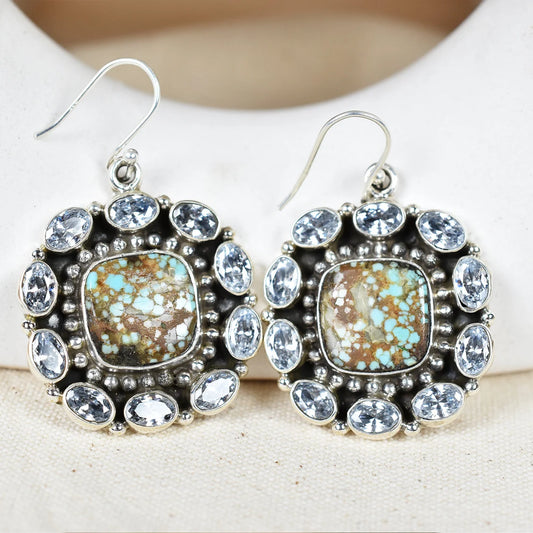 Native American Turquoise Cluster Earrings - 925 Sterling Silver Boho Style Earrings