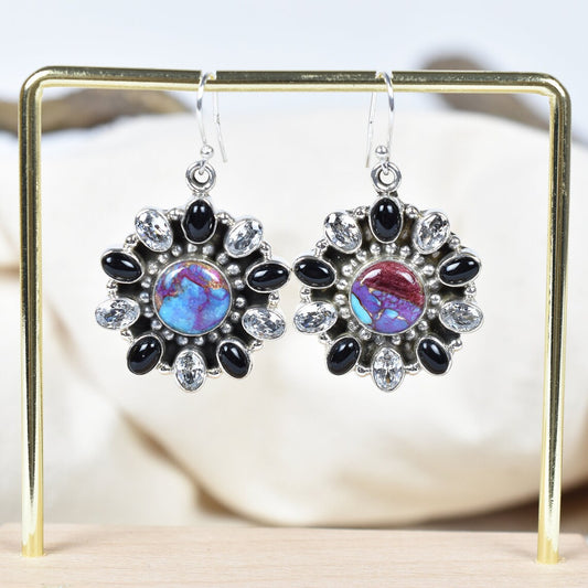 Native American Purple Copper Turquoise, Black Onyx & Cubic Zirconia Cluster Earrings - 925 Sterling Silver Earrings