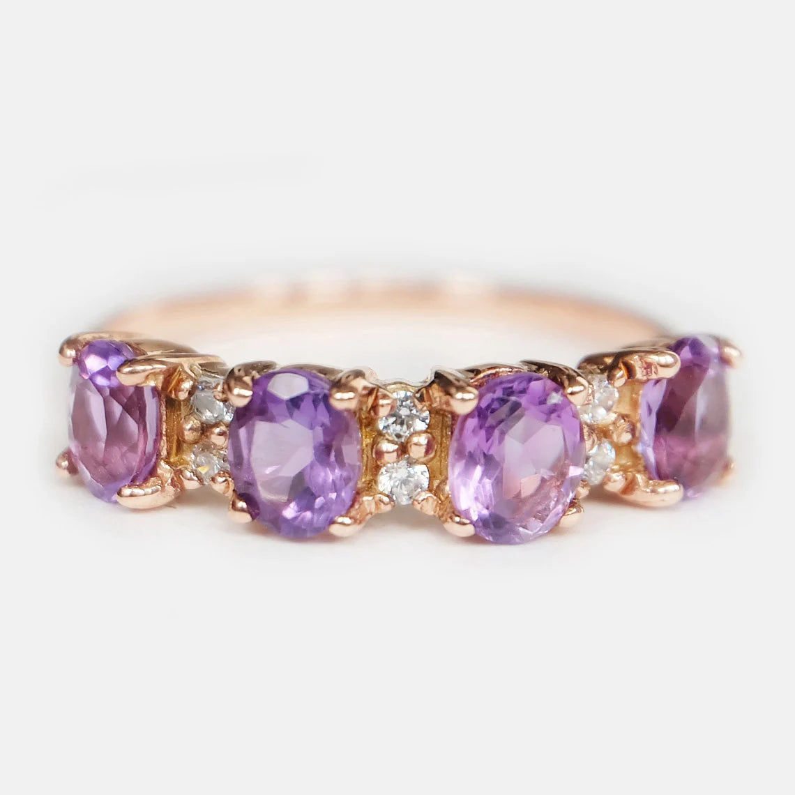 Bague de promesse en améthyste demi-éternité - Bague de mariage en vermeil en or rose 14 carats