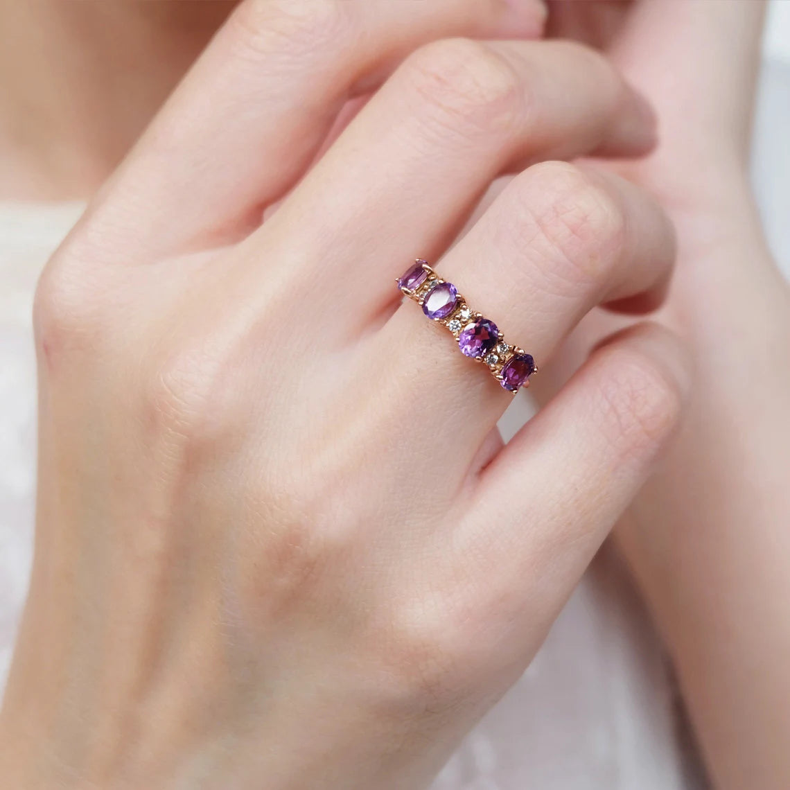 Half Eternity Amethyst Promise Ring  -  14k Rose Gold Vermeil Wedding Ring