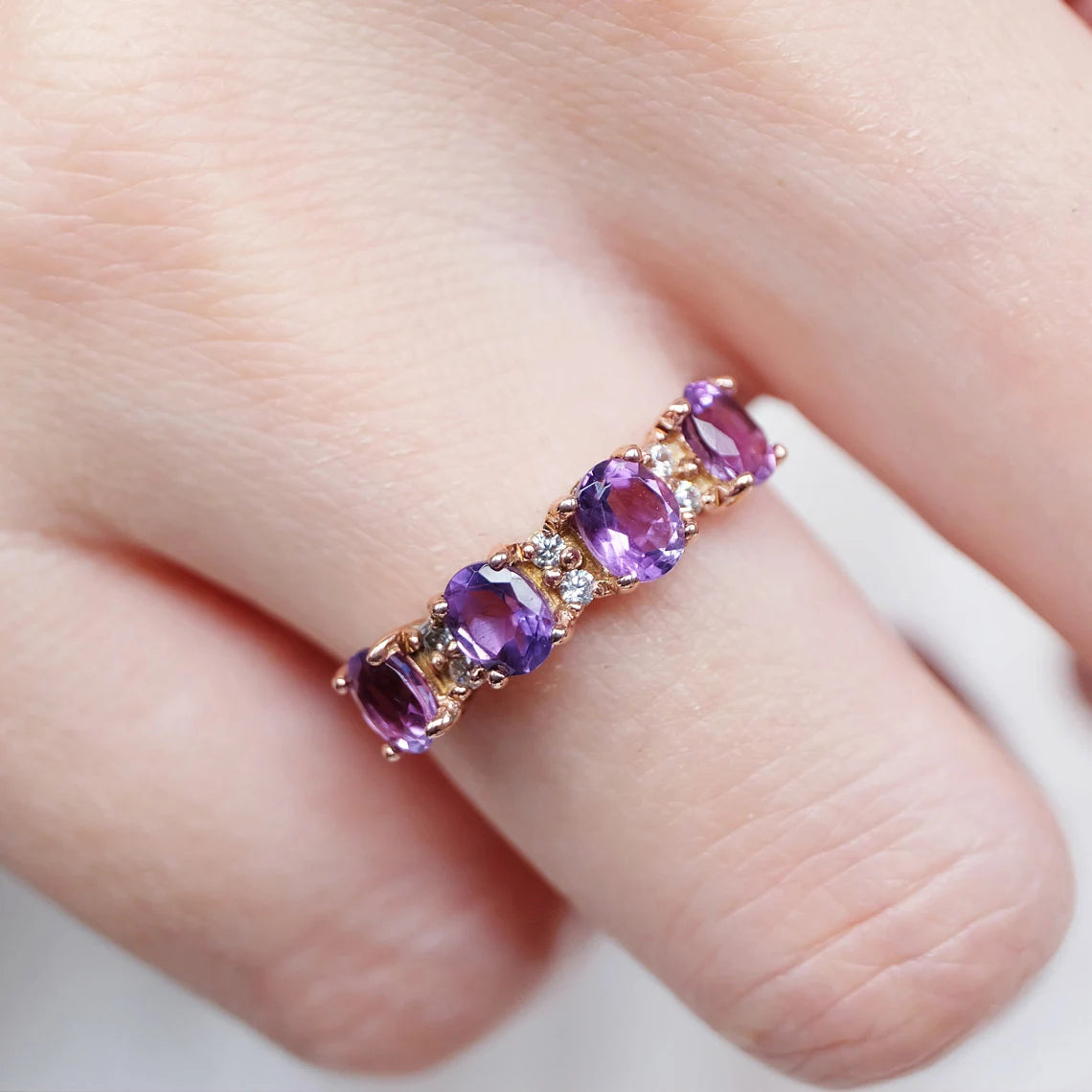 Half Eternity Amethyst Promise Ring  -  14k Rose Gold Vermeil Wedding Ring