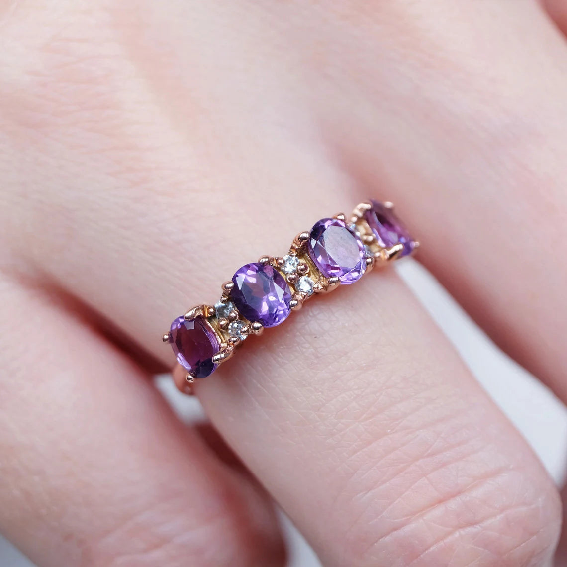 Half Eternity Amethyst Promise Ring  -  14k Rose Gold Vermeil Wedding Ring