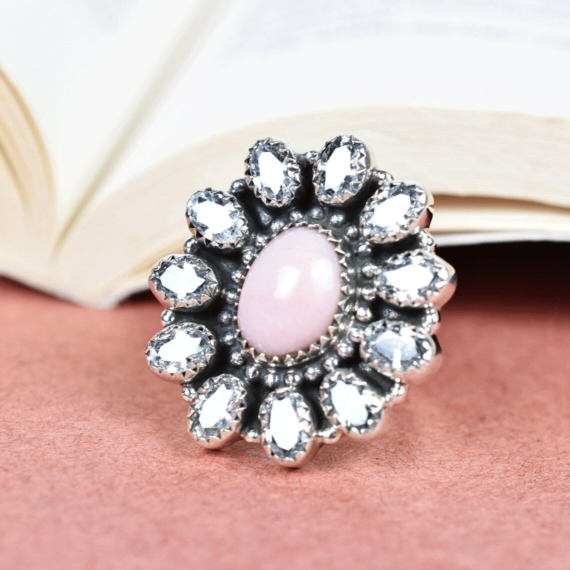 Native American Pink Opal And Cubic Zirconia Cluster Rings - 925 Sterling Silver Boho Rings