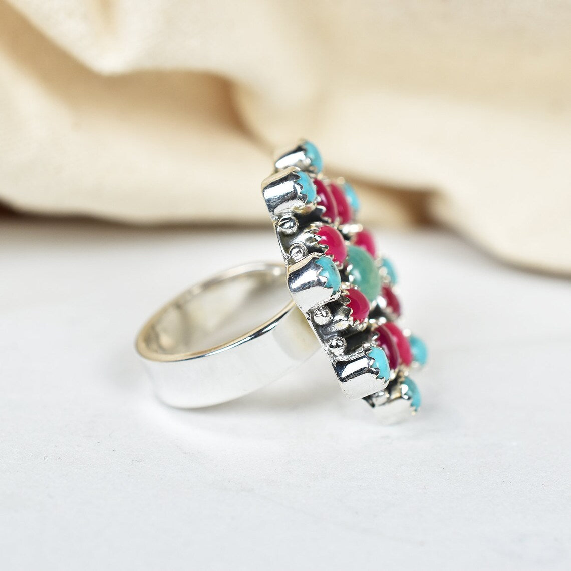 Native American Turquoise & Pink Onyx Cluster Rings - 925 Sterling Silver Handmade Vintage Rings
