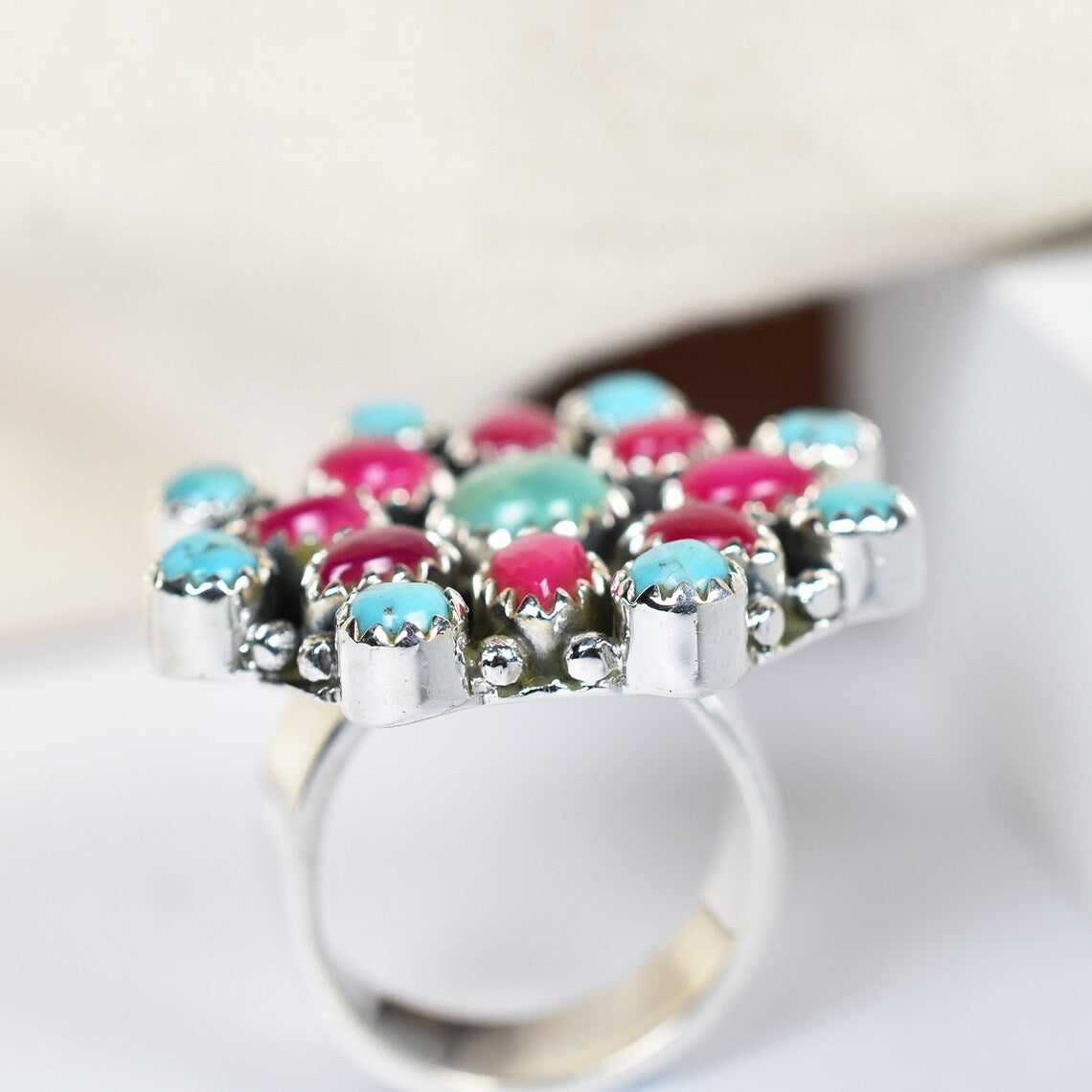 Native American Turquoise & Pink Onyx Cluster Rings - 925 Sterling Silver Handmade Vintage Rings