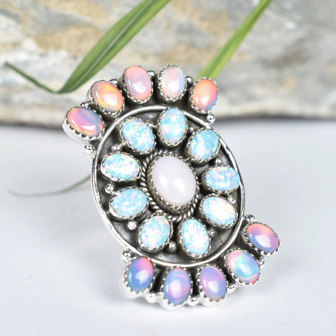 Native American Aurora & White Opal Cluster Rings - 925 Sterling Vintage Silver Rings