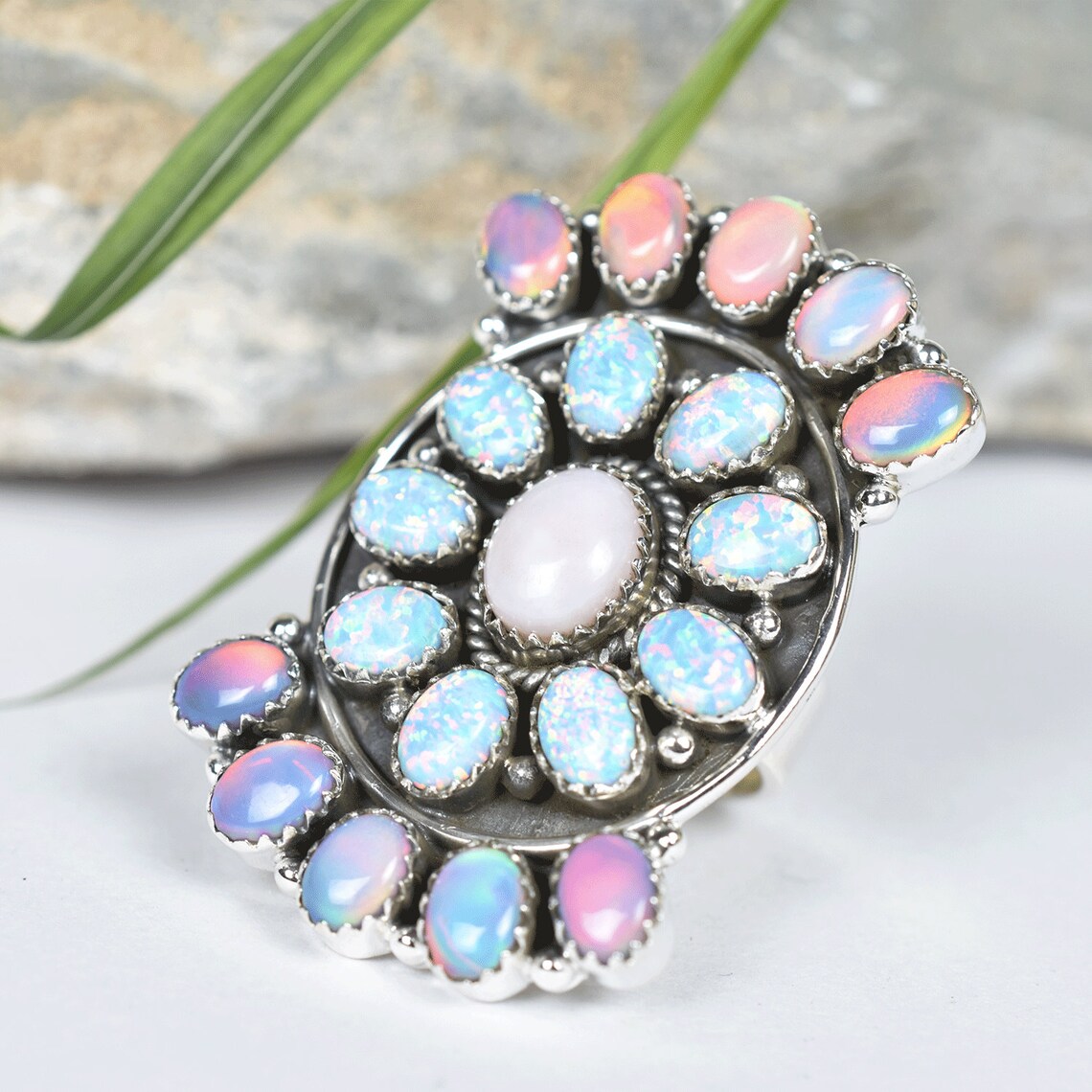 Native American Aurora & White Opal Cluster Rings - 925 Sterling Vintage Silver Rings