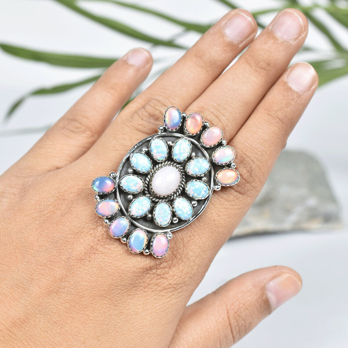 Native American Aurora & White Opal Cluster Rings - 925 Sterling Vintage Silver Rings