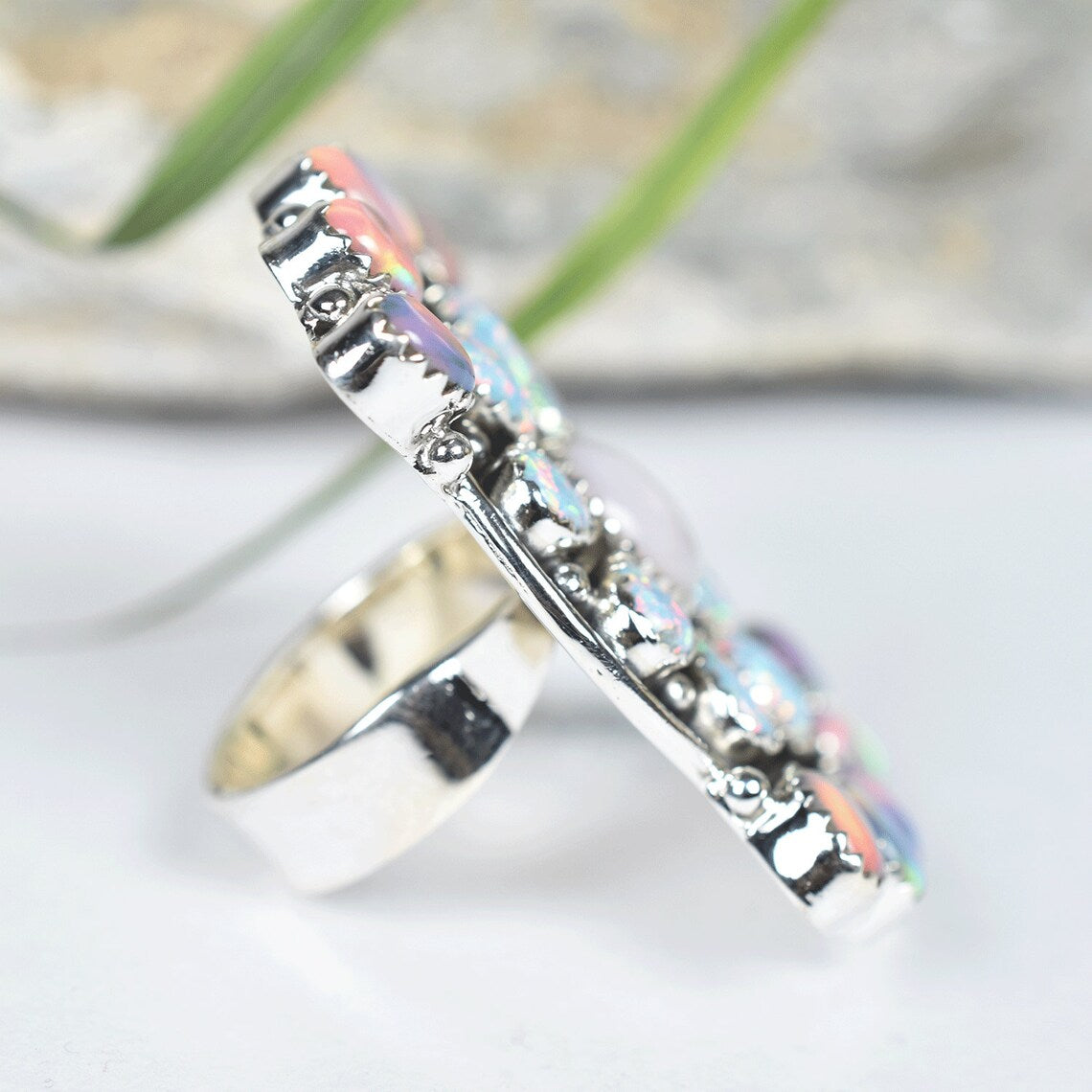 Native American Aurora & White Opal Cluster Rings - 925 Sterling Vintage Silver Rings