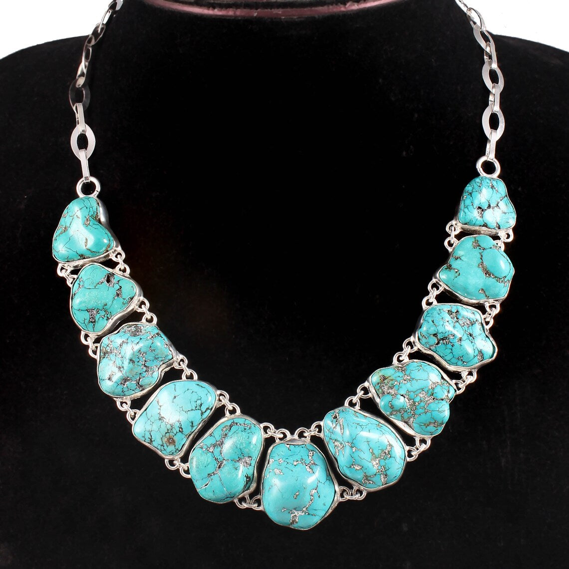 Raw Turquoise Bohemian Choker Necklace For Women - 925 Solid Sterling Silver Necklace