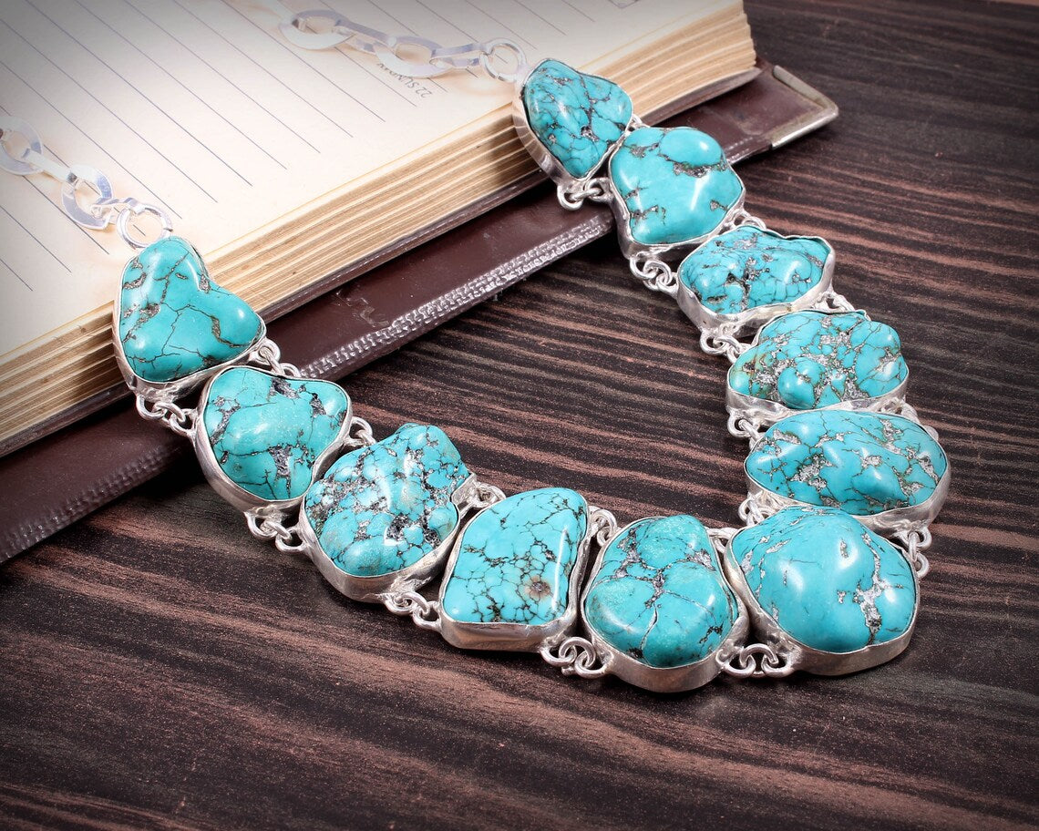 Raw Turquoise Bohemian Choker Necklace For Women - 925 Solid Sterling Silver Necklace