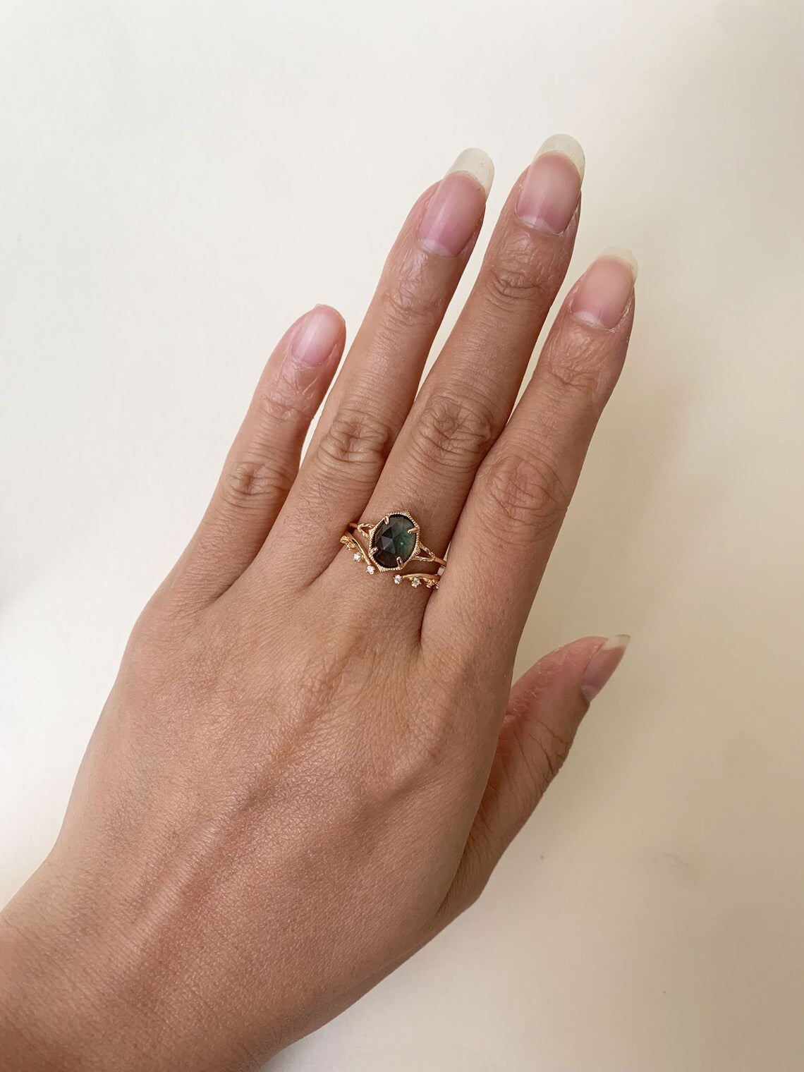 14k Gold Vermeil Green Amethyst Engagement Ring Set