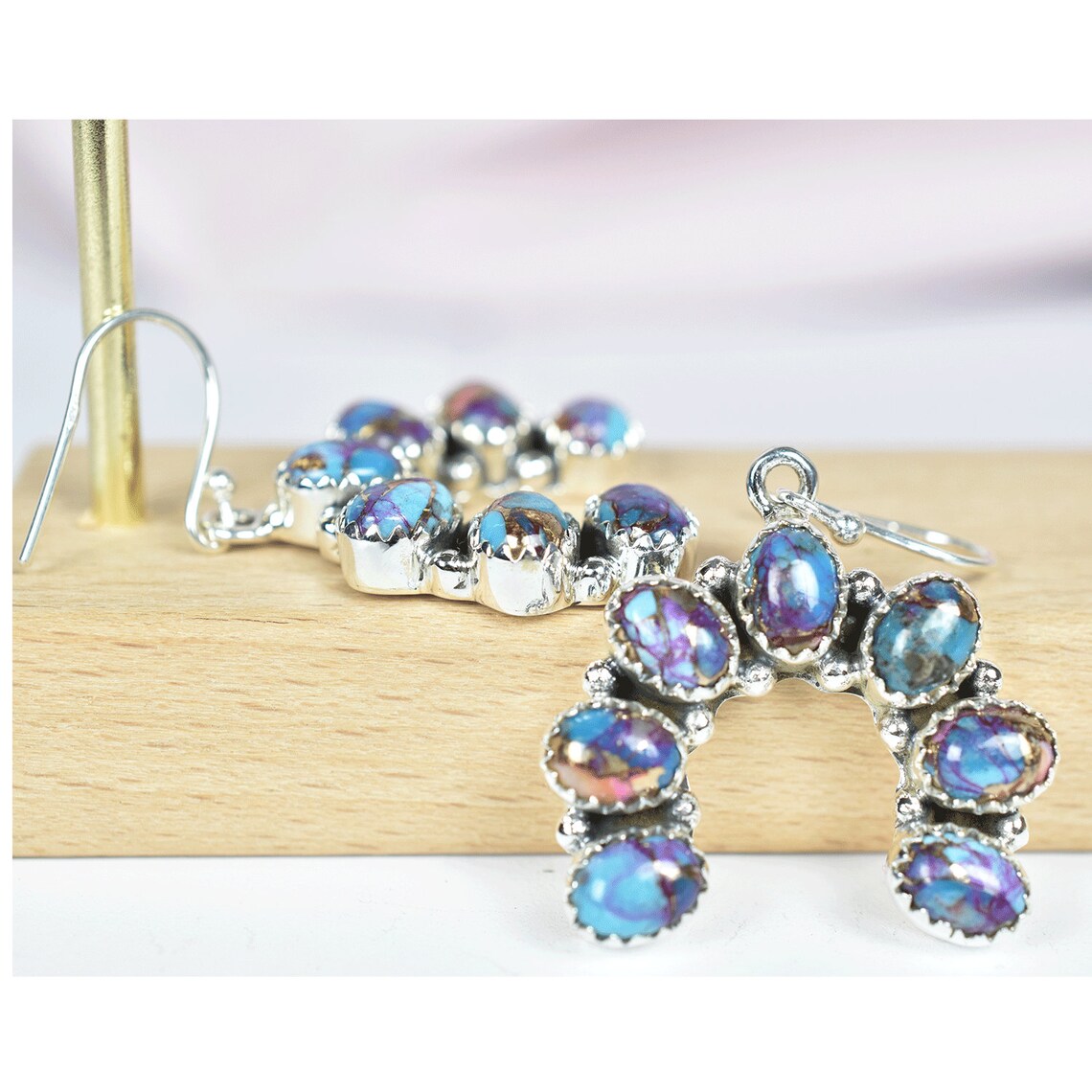 Purple Copper Turquoise Cluster Drop Native American Earrings  - 925 Sterling Silver Southwestern Style Earrings