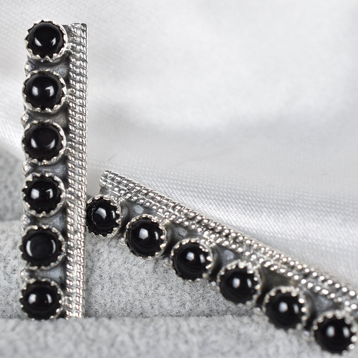 Native American Black Onyx Push Pack Stud Earrings  - 925 Sterling Silver Southwestern Style Earrings