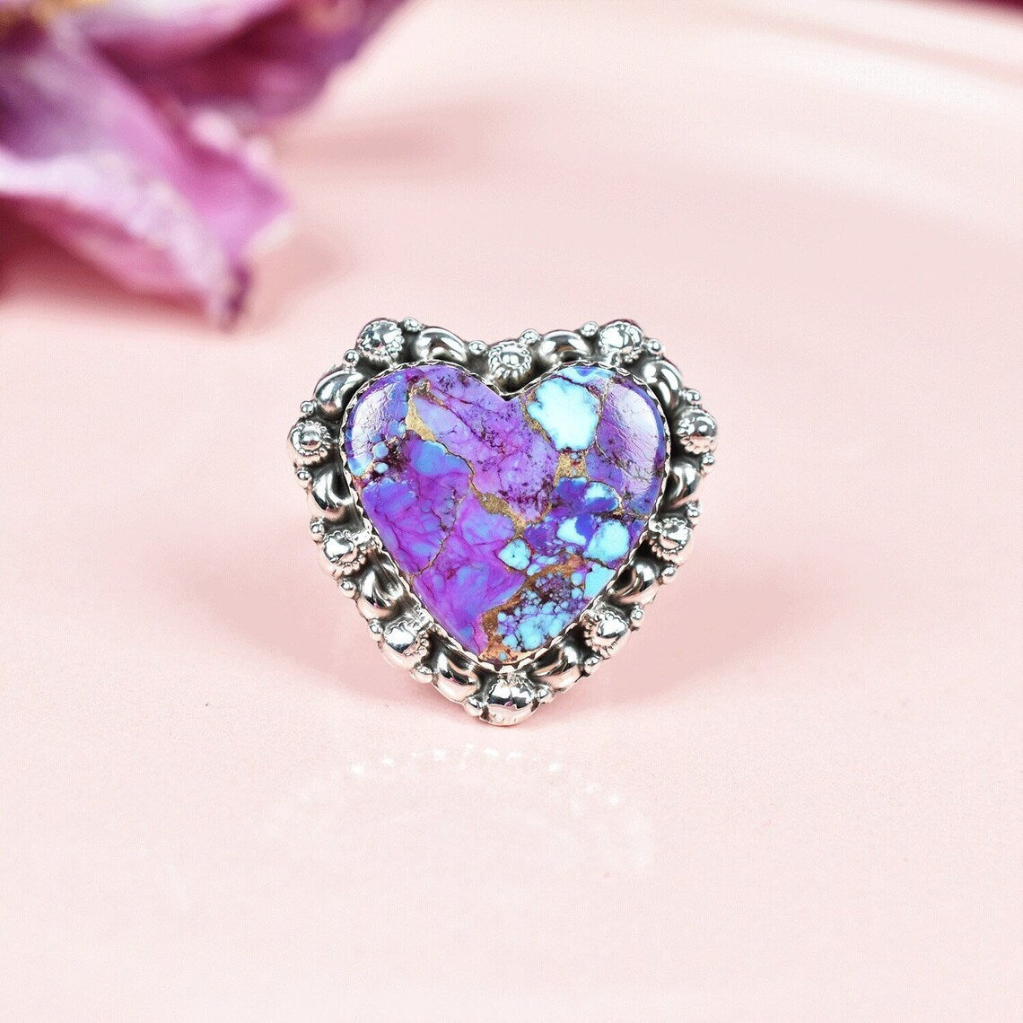 Vintage Large Heart Cut Purple Copper Turquoise Cocktail Ring - 925 Sterling Silver Native American Rings
