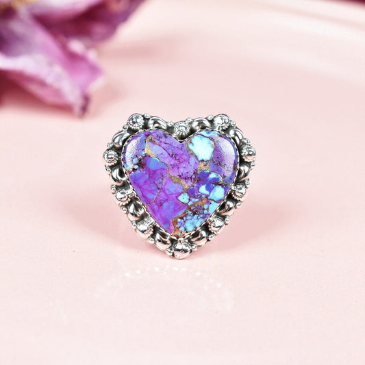 Vintage Large Heart Cut Purple Copper Turquoise Cocktail Ring - 925 Sterling Silver Native American Rings