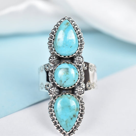 Vintage Turquoise Three Stone Southwestern Style Ring - 925 Sterling Silver Native American Rings
