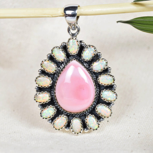 Vintage Sparkling Opal And Pink Conch Shell Cluster Pendant - 925 Sterling Silver Southwestern Style Pendant