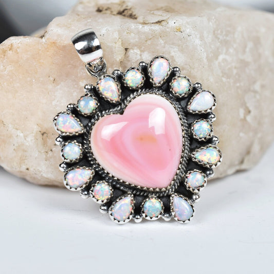 Sparkling Opal And Heart Cut Pink Conch Cluster Necklace - 925 Solid Sterling Silver Native American Necklace
