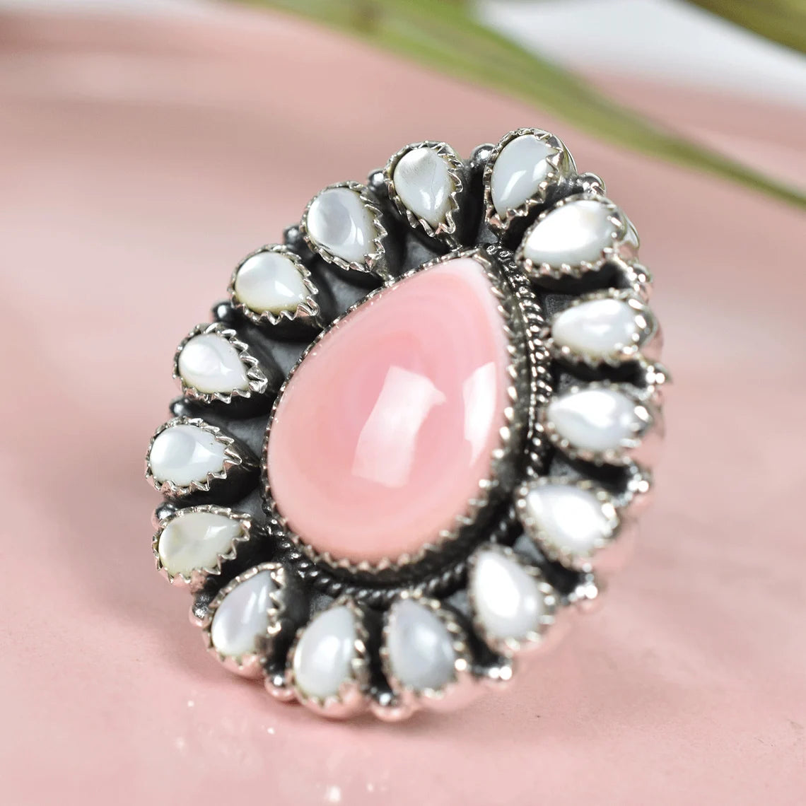 Native American Pink Conch Shell & White Pearl 925 Sterling Silver Rings