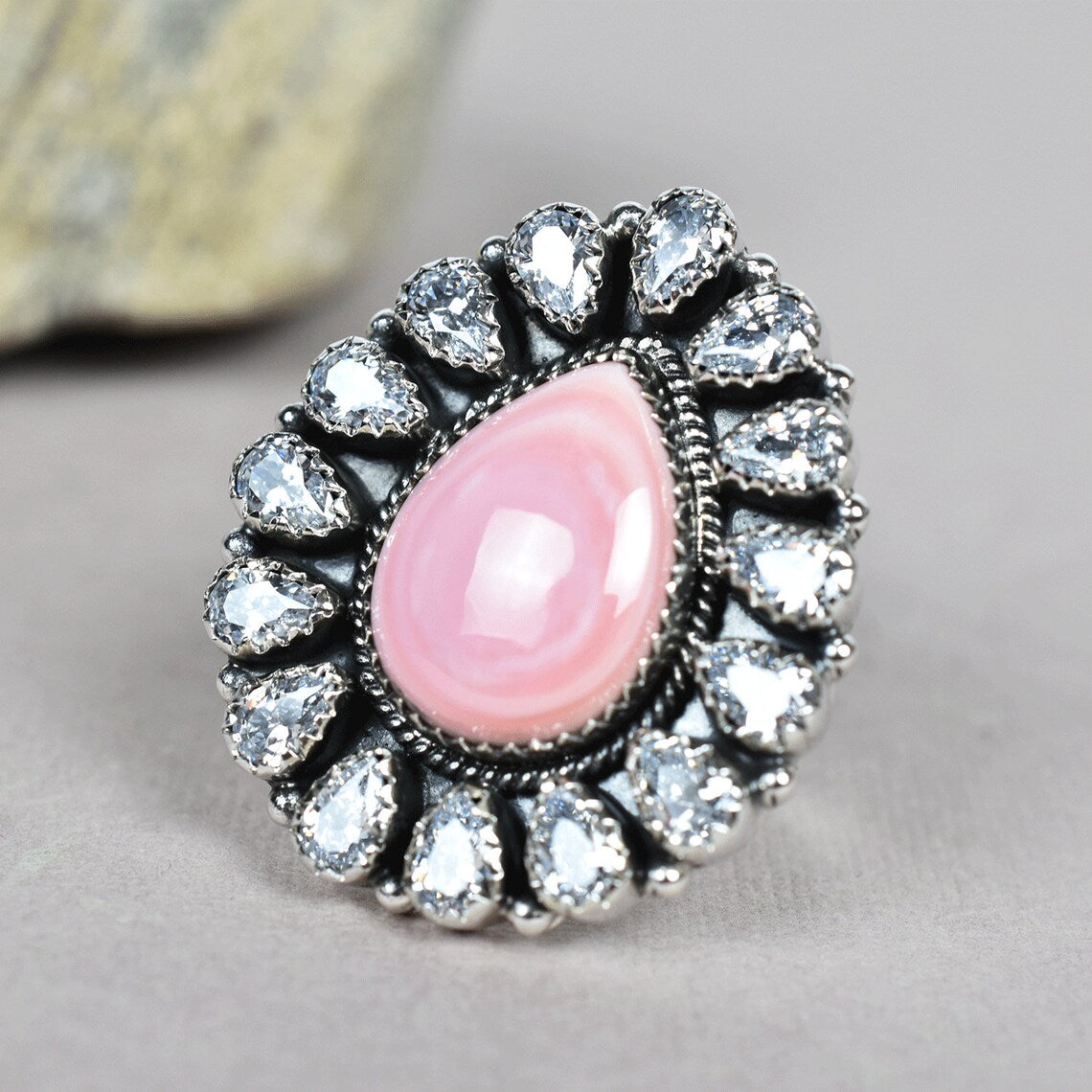 Native American Pink Conch Shell & Cubic Zirconia Cluster Rings - 925 Sterling Silver Handmade Vintage Rings