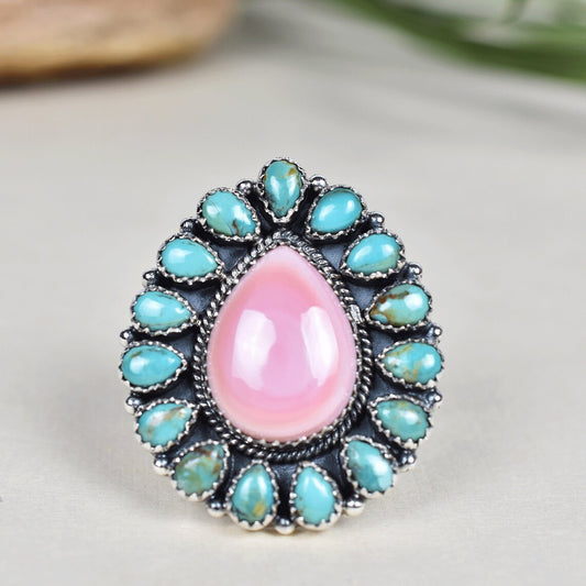 Native American Pink Conch Shell & Mohave Turquoise Cluster Rings - 925 Sterling Silver Handmade Vintage Rings