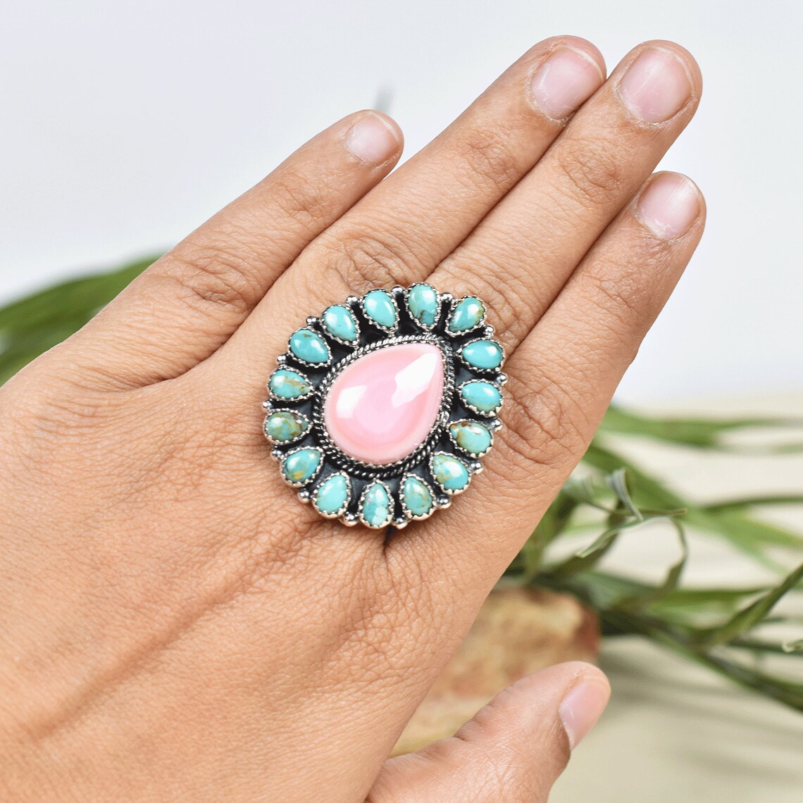 Native American Pink Conch Shell & Mohave Turquoise Cluster Rings - 925 Sterling Silver Handmade Vintage Rings