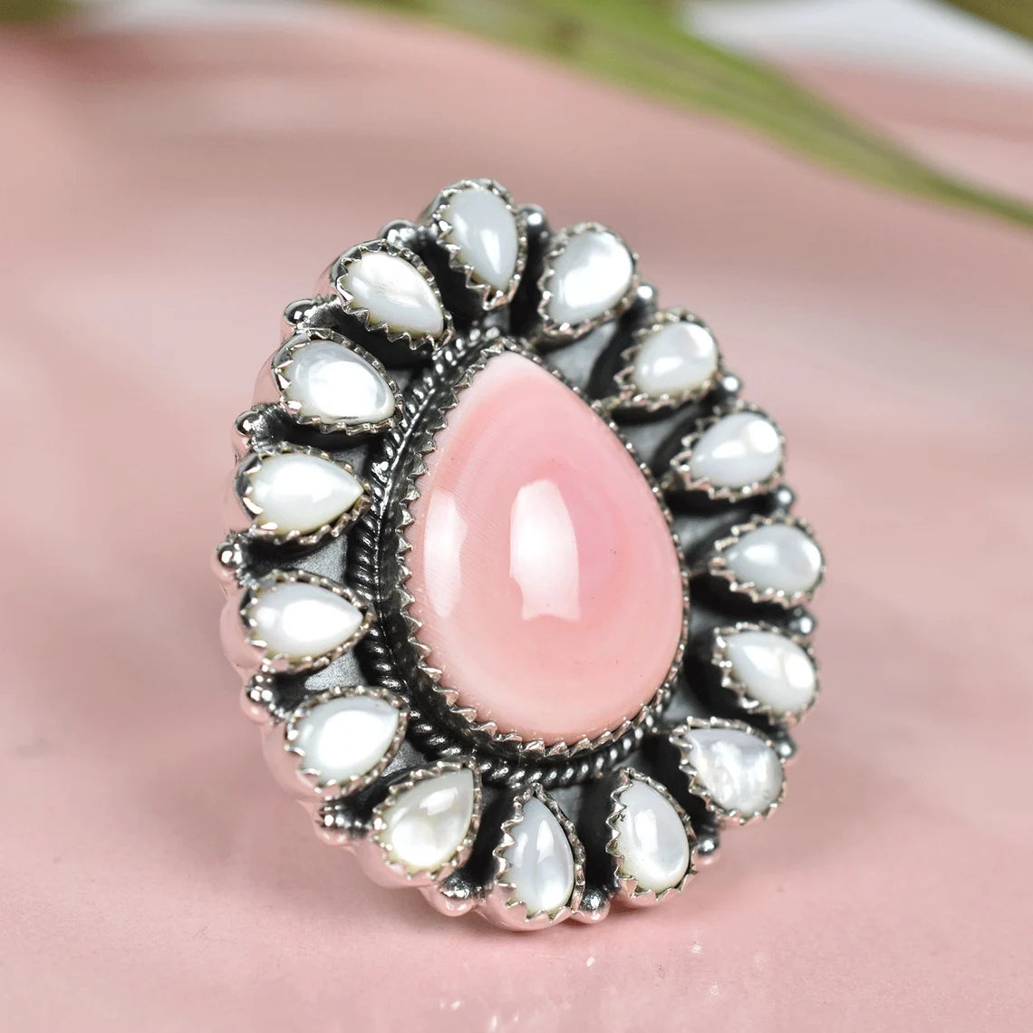 Native American Pink Conch Shell & White Pearl 925 Sterling Silver Rings