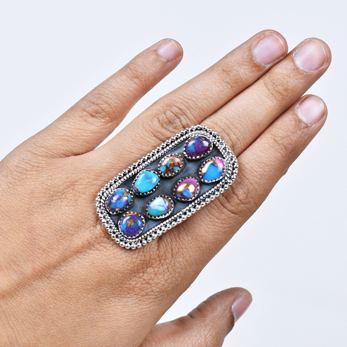 Native American Pink Copper Turquoise Long Cluster Rings - 925 Sterling Silver Handmade Vintage Rings