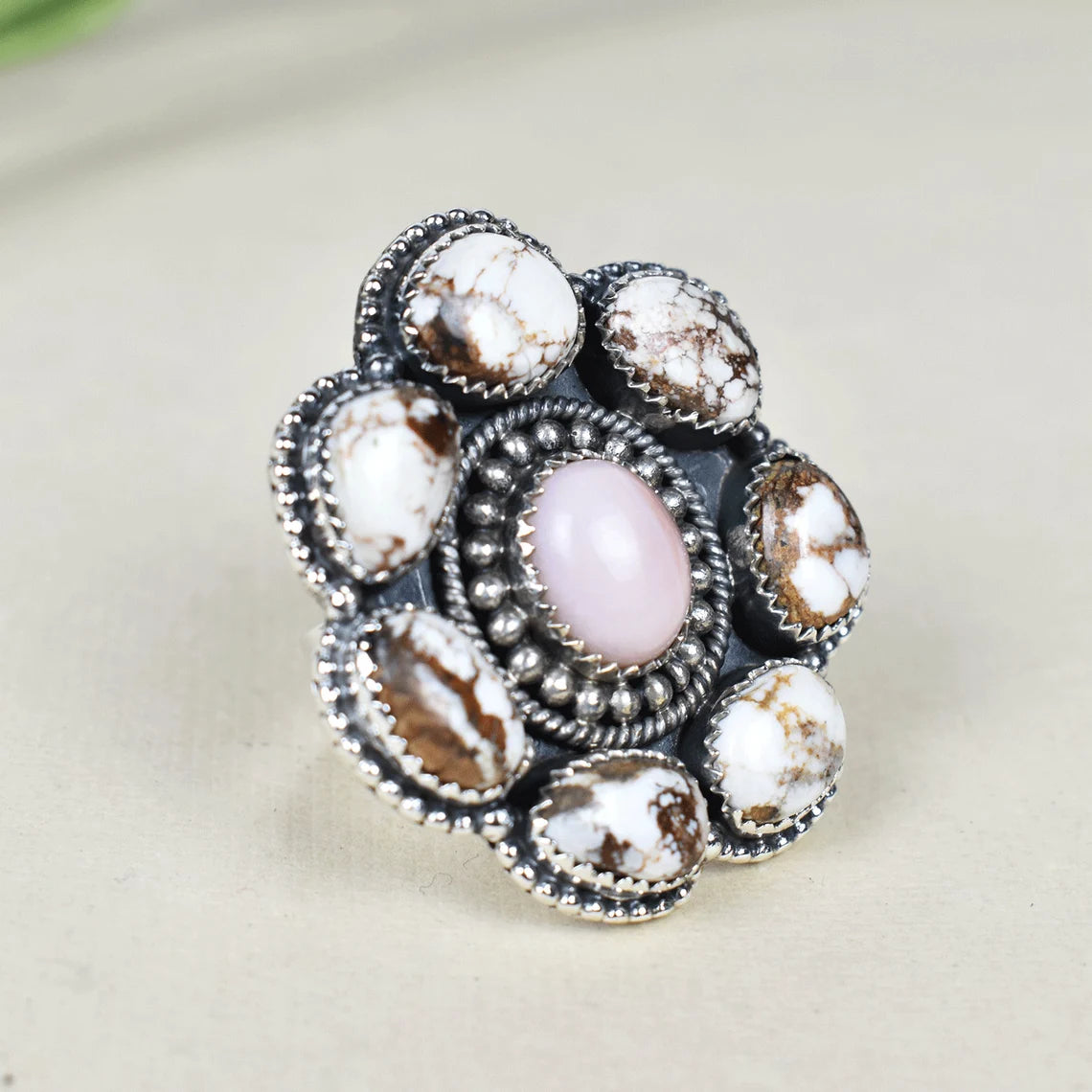 Native American Pink Opal And Wild Horse Magnesite  925 Sterling Silver Rings
