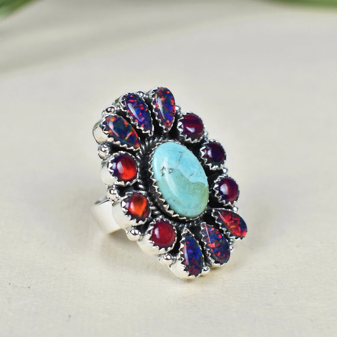 Native American Mohave Turquoise And Aurora Opal Cluster Rings - 925 Sterling Silver Handmade Vintage Rings