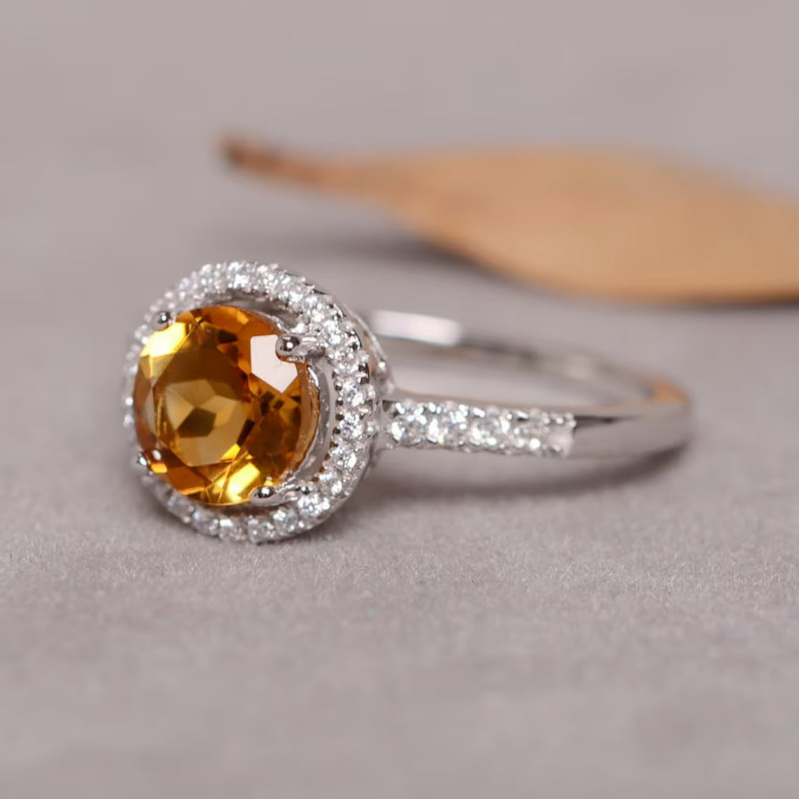 Bague de fiançailles en citrine ronde naturelle - Argent sterling massif 925