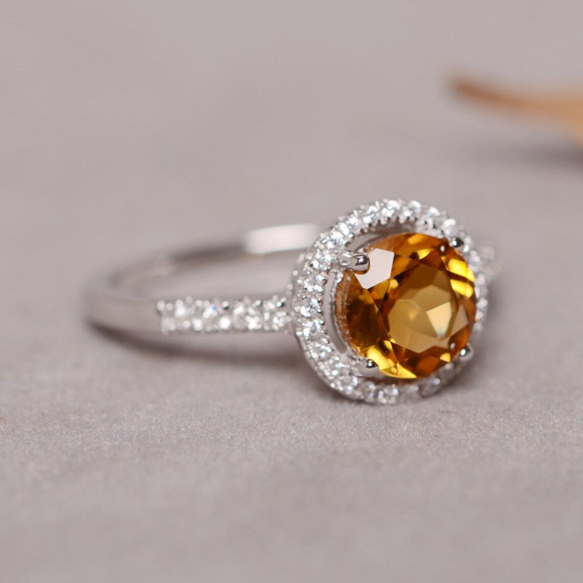 Bague de fiançailles en citrine ronde naturelle - Argent sterling massif 925