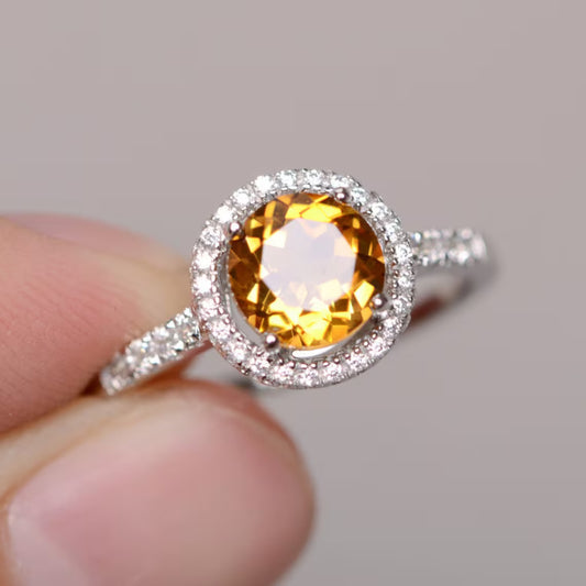 Natural Round Cut Citrine 925 Solid Sterling Silver Engagement Rings