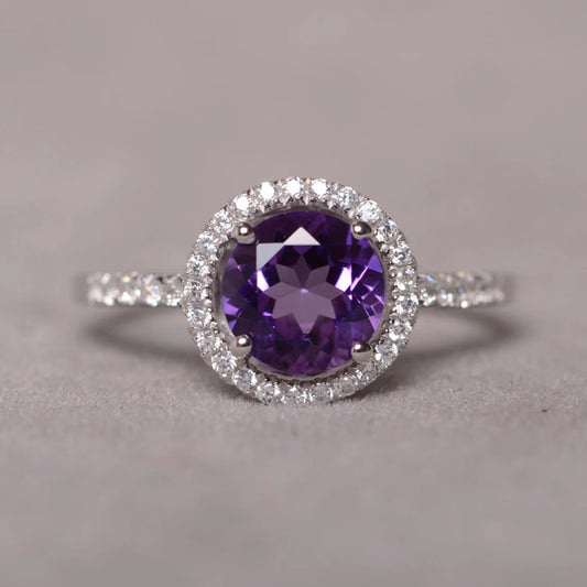 Natürlicher Amethyst-Halo-Ring im Rundschliff – Verlobungsring aus 925er Sterlingsilber