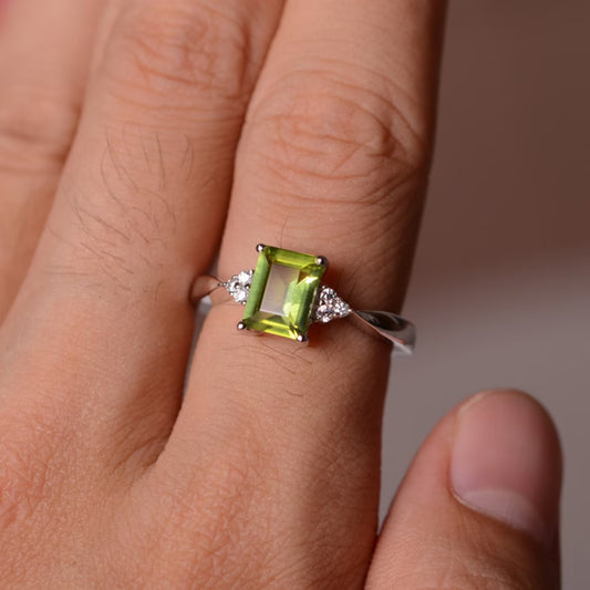 Cute Emerald Cut Peridot Ring - 925 Solid Sterling Silver Ring