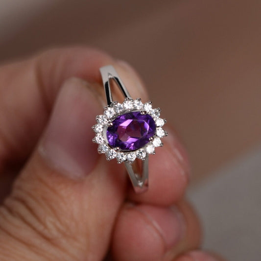 Natural Oval Cut Amethyst Halo 925 Solid Sterling Silver Rings