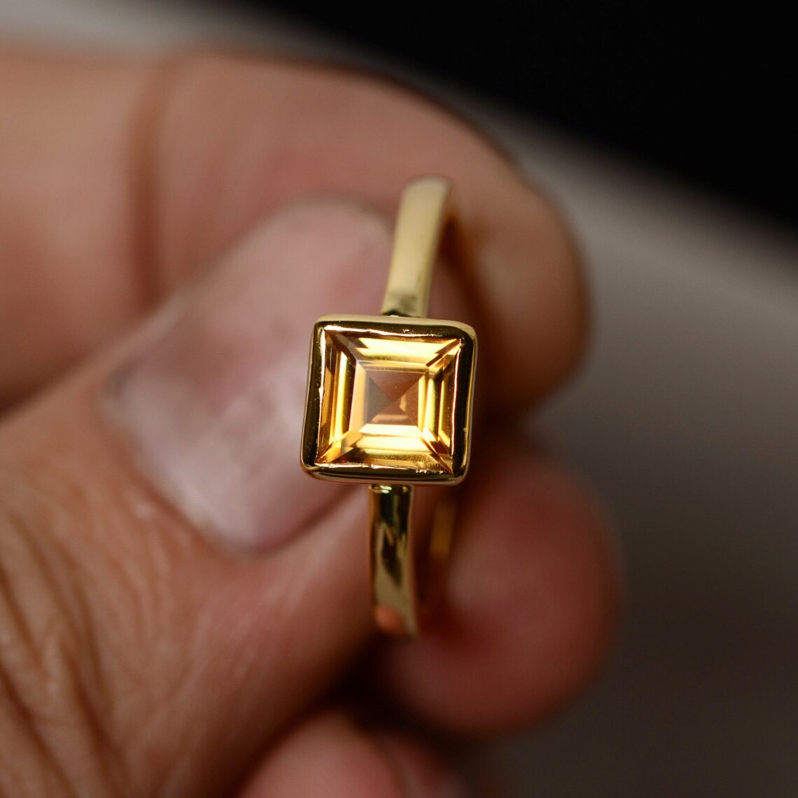 Natürlicher Citrin-Ring im Princess-Schliff – Solitärring aus 14-karätigem Gold-Vermeil