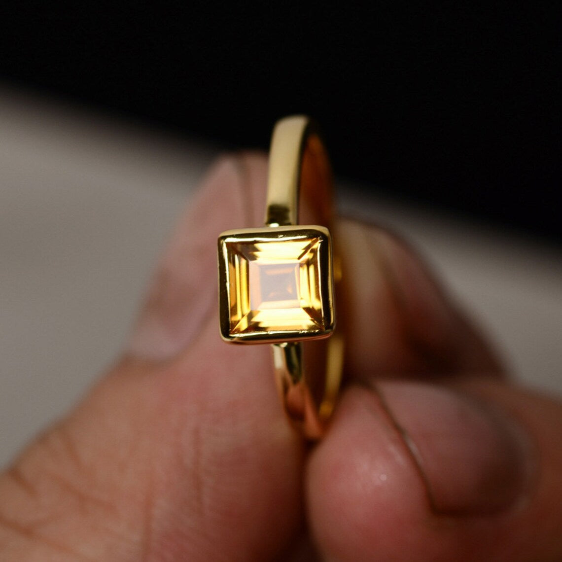 Bague citrine naturelle taille princesse - Bague solitaire en vermeil en or 14 carats