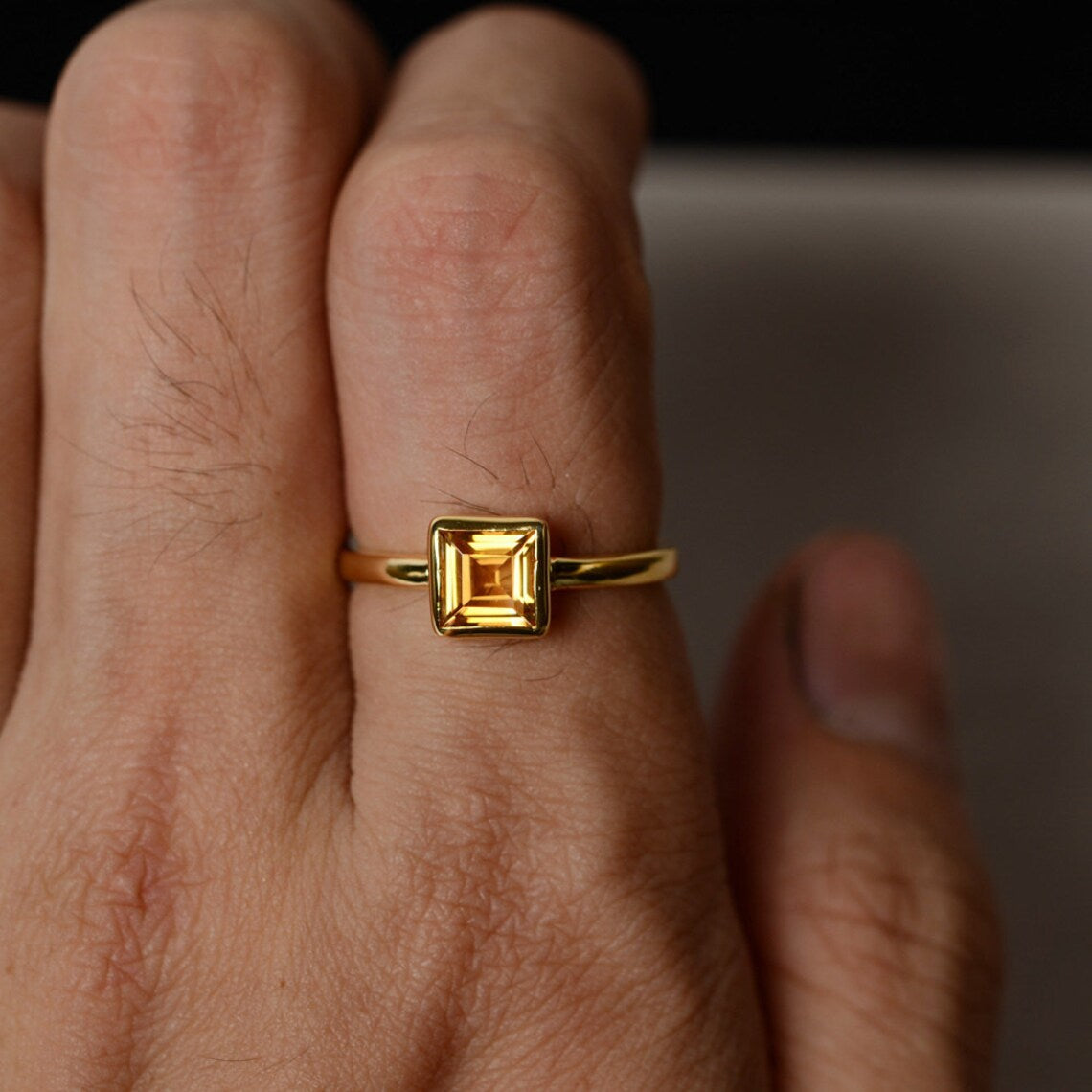 Bague citrine naturelle taille princesse - Bague solitaire en vermeil en or 14 carats