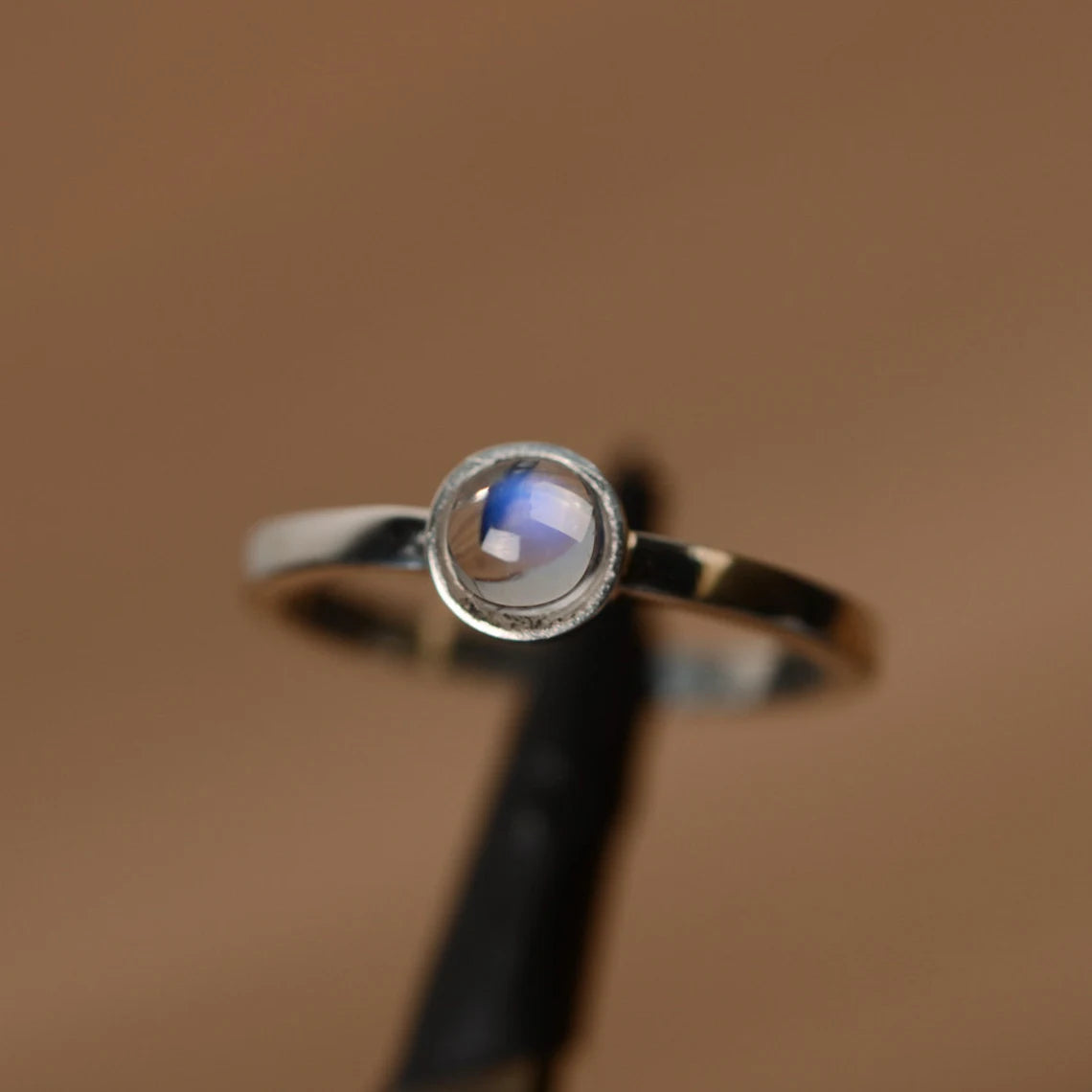 Natural Round Cut Rainbow Moonstone Solitaire Ring