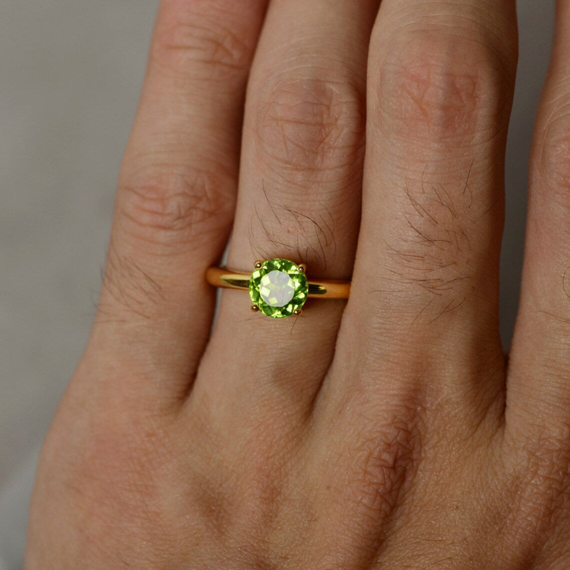 Natural Round Cut Peridot Solitaire 14k Gold Vermeil Ring