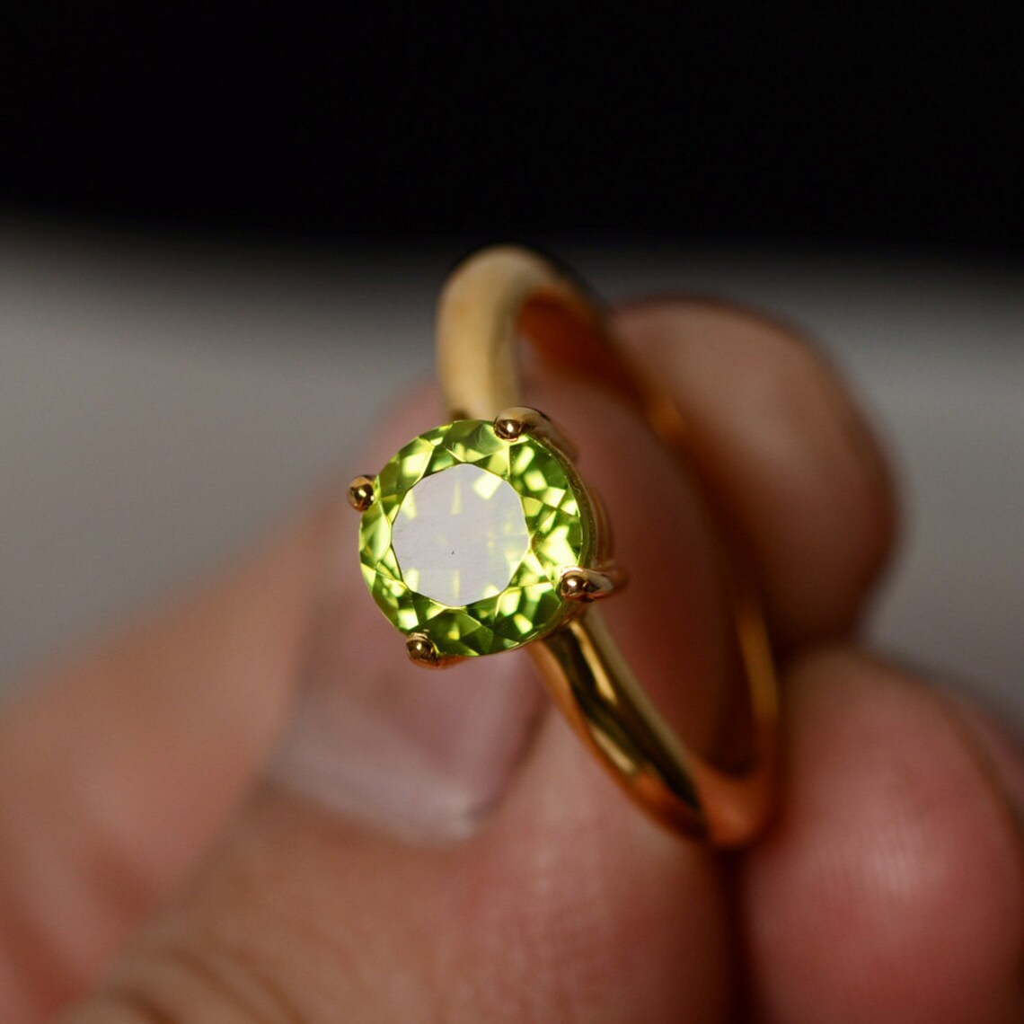 Natural Round Cut Peridot Solitaire 14k Gold Vermeil Ring