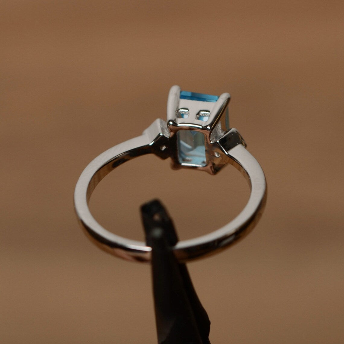 Natural Emerald Cut Swiss Blue Topaz Simple Promise Ring - 925 Sterling Silver Ring