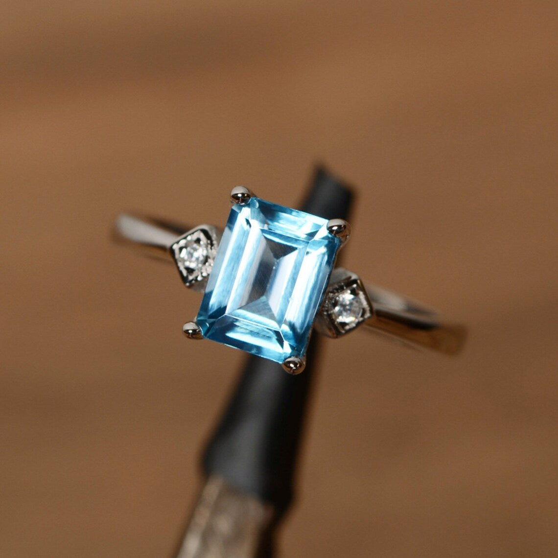 Natural Emerald Cut Swiss Blue Topaz Simple Promise Ring