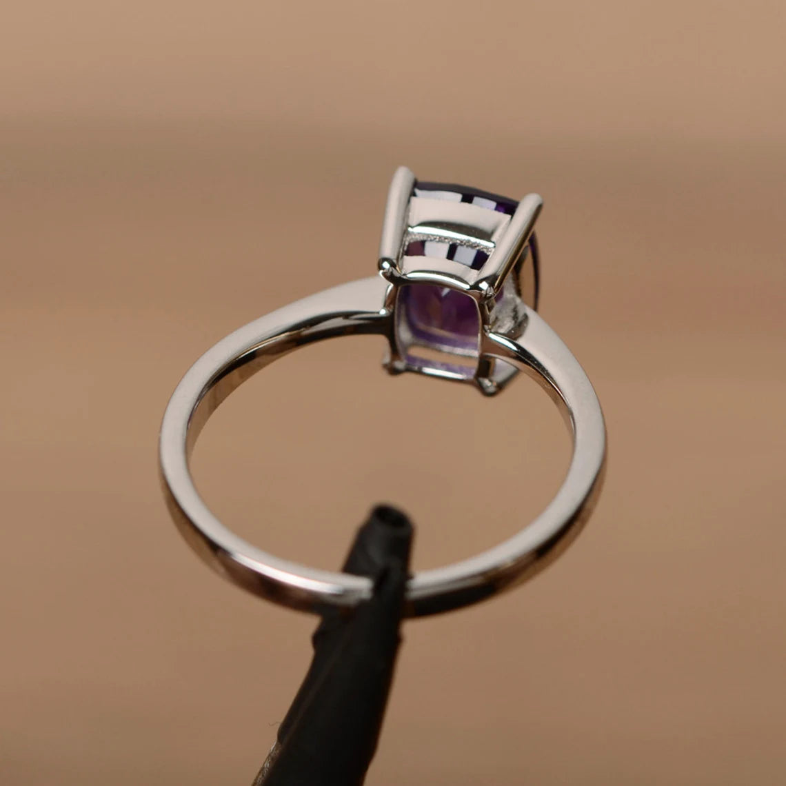 Natural Cushion Cut Amethyst Solitaire Ring - 925 Sterling Silver Ring