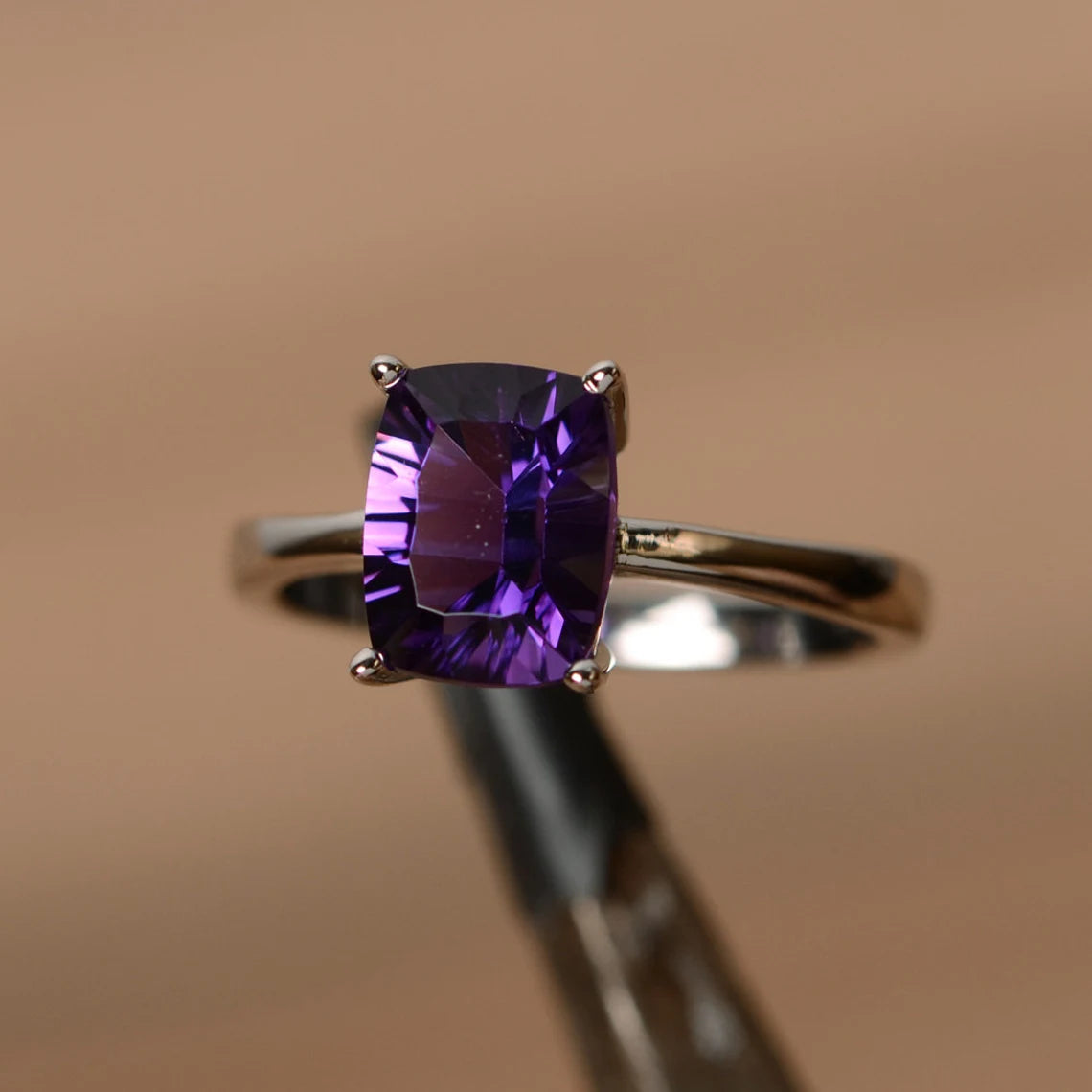 Natural Cushion Cut Amethyst Solitaire Ring