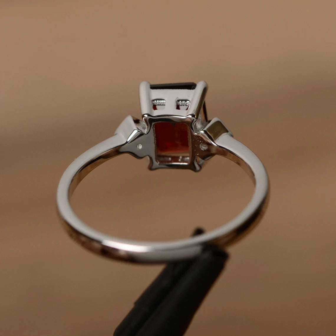 Natural Emerald Cut Garnet Promise Ring - 925 Sterling Silver Rings